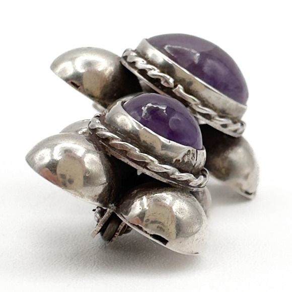 Early Vintage Mexican Sterling Silver Triple Amethyst Brooch Marked MR Mexico - Picture 7 of 12